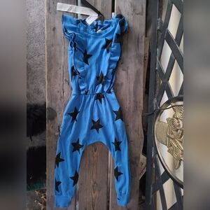 NUNUNU SZ 3-4Y NWT BLUE BLACK star elastic waist 1 piece sleeveless jumper Rompe
